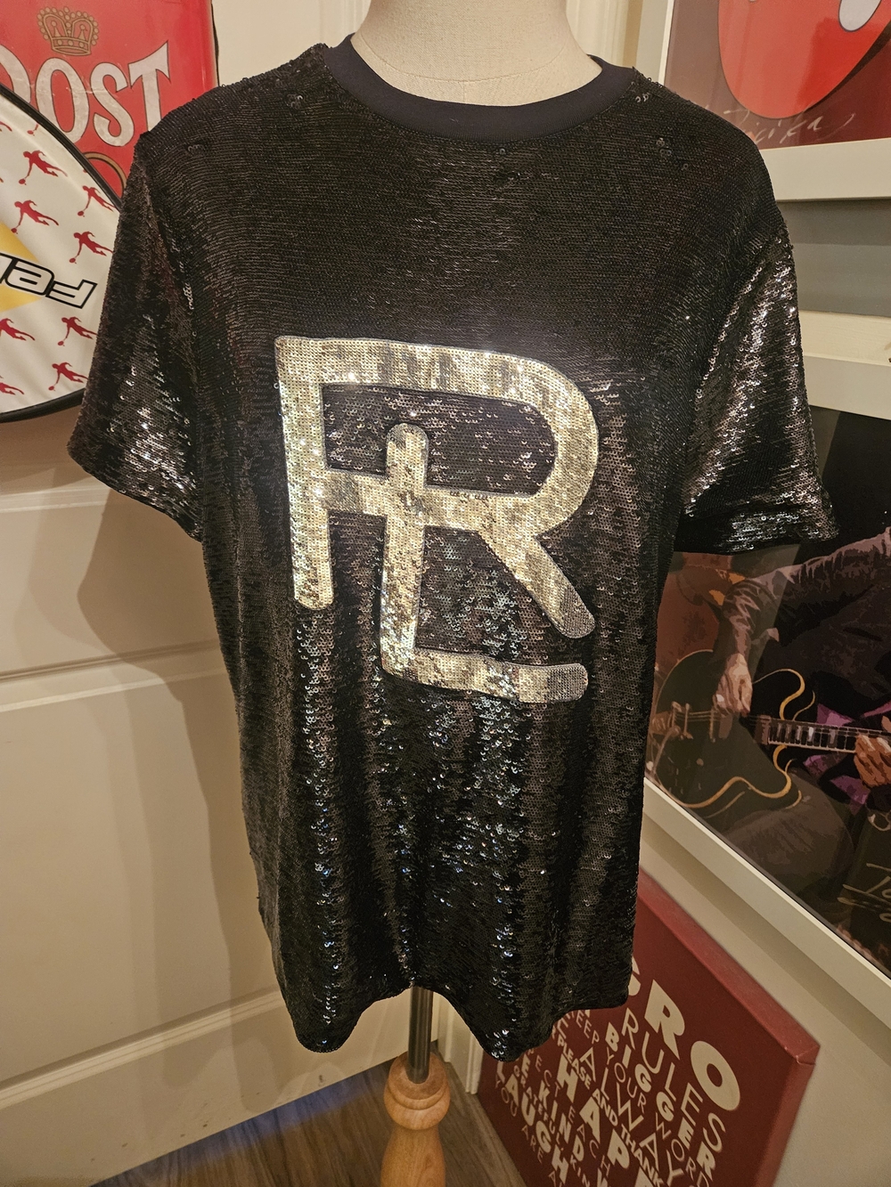 Ralph Lauren  Purple Label Black Sequin Tee with Gold Logo